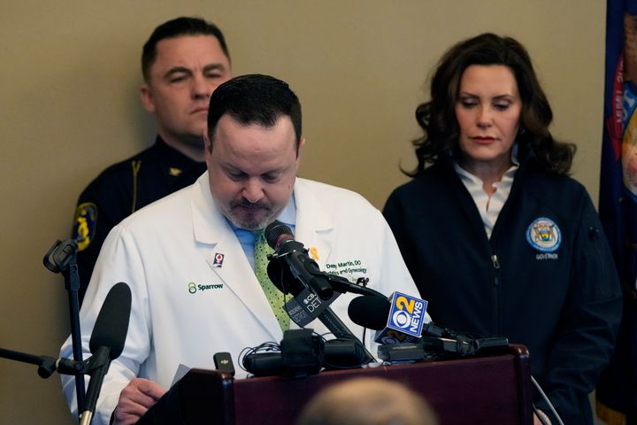E.W. Sparrow Hospital Dr. Denny Martin pauses as he addresses the media, on Feb. 14, 2023, in East Lansing, Mich.