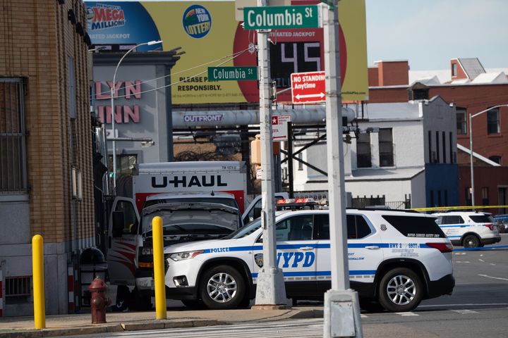 BROOKLYN, NY - FEBRUARY 13: A U-Haul truck sits blocked by a New York Police vehicle near Hugh L. Carey Tunnel in Brooklyn, New York on February 13, 2023. (Photo by Jeenah Moon for The Washington Post via Getty Images)