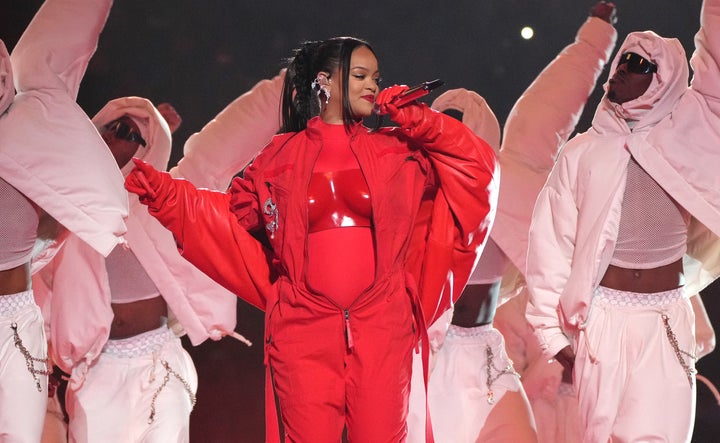Rihanna performing at the 2023 Super Bowl Halftime Show on February 12, 2023 in Glendale, Arizona.