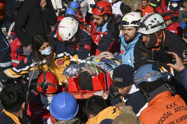 ADIYAMAN, TURKIYE - FEBRUARY 14: 18-year-old teenager, Muhammed Cafer Cetin is rescued by search and rescue teams from under rubble of a collapsed building 198 hours after 7.7 and 7.6 magnitude earthquakes hit Turkiye's Adiyaman, on February 14, 2023. On Feb. 06, a strong 7.7 earthquake, centered in the Pazarcik district, jolted Kahramanmaras and strongly shook several provinces, including Gaziantep, Sanliurfa, Diyarbakir, Adana, Adiyaman, Malatya, Osmaniye, Hatay, and Kilis. Later, at 13.24 p.m. (1024GMT), a 7.6 magnitude quake centered in Kahramanmaras' Elbistan district struck the region. (Photo by Aytac Unal/Anadolu Agency via Getty Images)