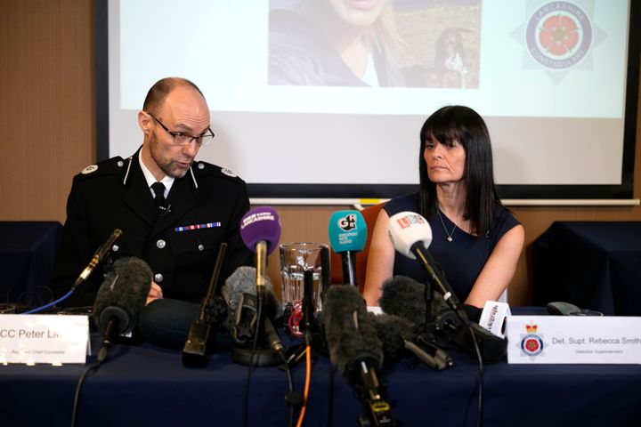 Assistant Chief Constable Peter Lawson and Senior Investigating Officer Detective Superintendent Rebecca Smith from Lancashire Police holding a press conference