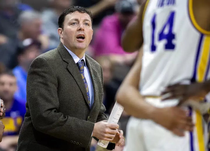 FILE - Then-LSU assistant coach Greg Heiar, center, shouts from the sideline during the team's NCAA men's college basketball tournament game against Yale in Jacksonville, Fla. on March 21, 2019.