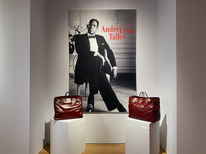 A portrait of a young Andre Leon Talley hangs between his two personalized Birkin bags.