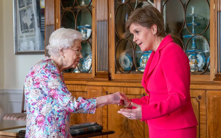 Queen Elizabeth II receives Nicola Sturgeon during an audience at the Palace of Holyroodhouse in Edinburgh.