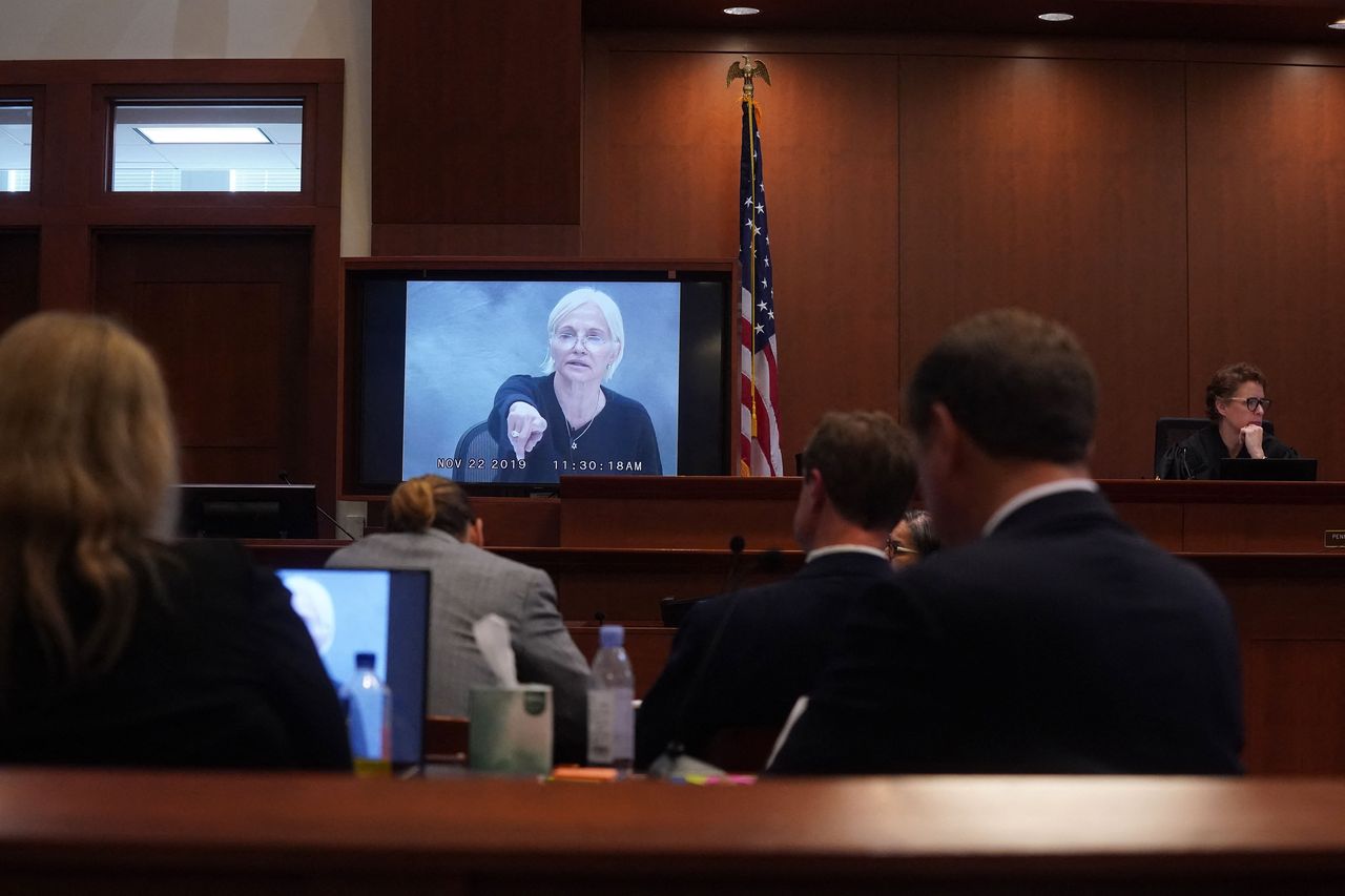 Barkin appears on a screen as a recorded testimony from 2019 is played during the Johnny Depp-Amber Heard defamation trial in Fairfax, Virginia, on May 19.