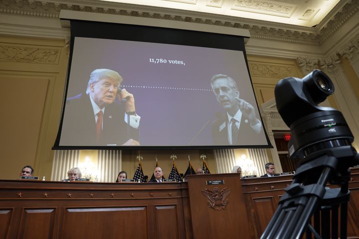 A transcript of a phone call between former President Donald Trump and Brad Raffensperger, Georgia secretary of state, appears on a screen during a hearing on the Jan. 6 investigation on June 21, 2022, in Washington, D.C.