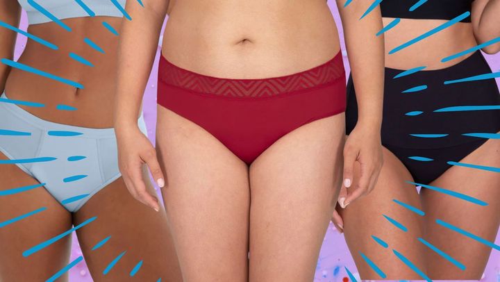 A cotton modal bikini brief, a pair of moderate absorbency hiphuggers and a postpartum smoothing brief.