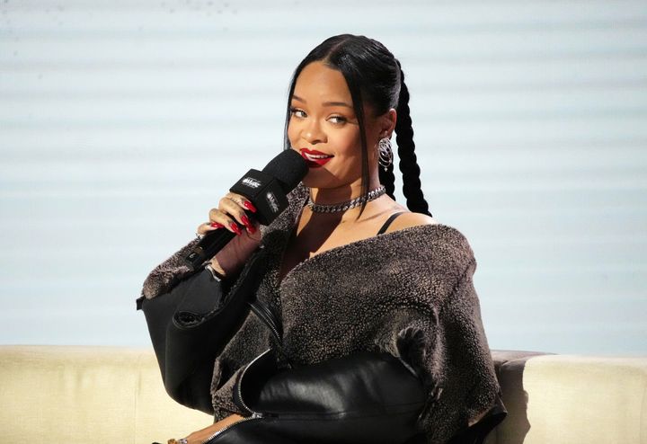 Rihanna pictured during a press conference before her Super Bowl Halftime Show performance