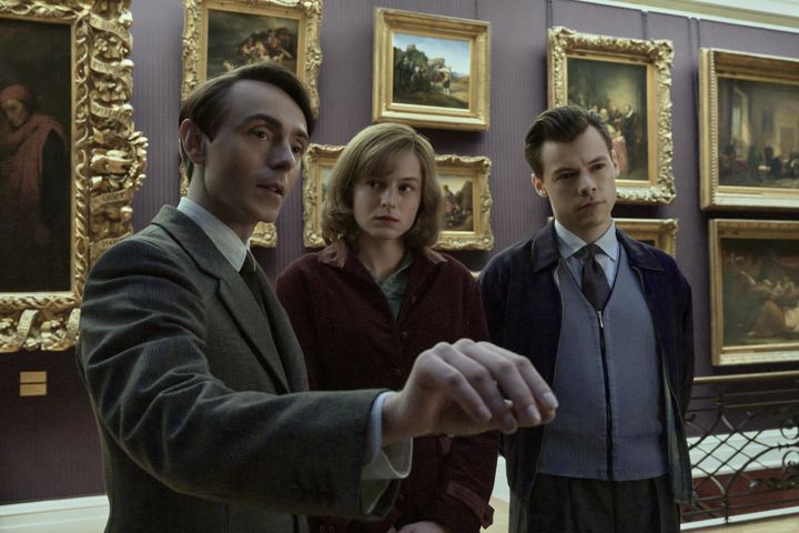 Emma with co-stars David Dawson and Harry Styles in the film My Policeman