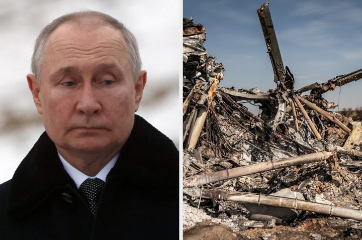 Vladimir Putin and a Russian helicopter shot down by Ukrainian forces