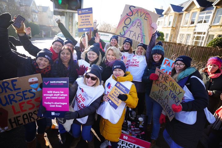 The Royal College of Nursing general secretary Pat Cullen joining members on the picket line outside the Royal United Hospital in Bath in February.