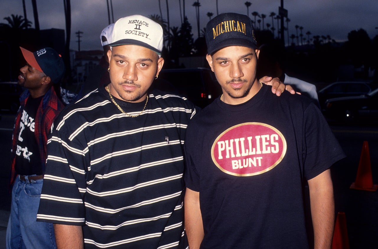 Filmmakers Allen Hughes and Albert Hughes attend the "Menace II Society" Beverly Hills Premiere on May 25, 1993, at Laemmle's Music Hall in Beverly Hills, California.