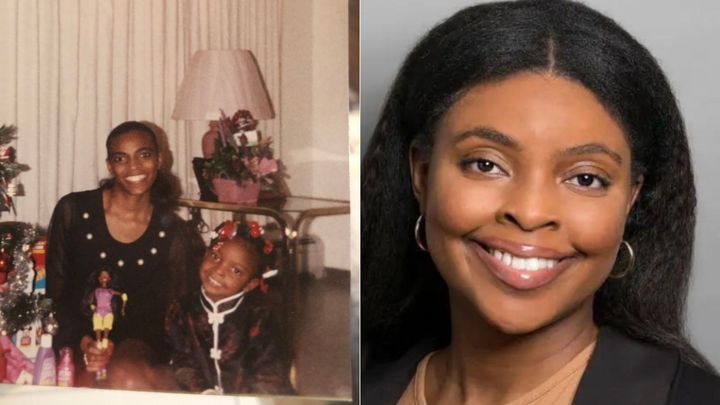 Links: Ebony Oliphant als Kind posiert mit ihrer Barbie und ihrer Mutter.  Rechts: Oliphant heute.