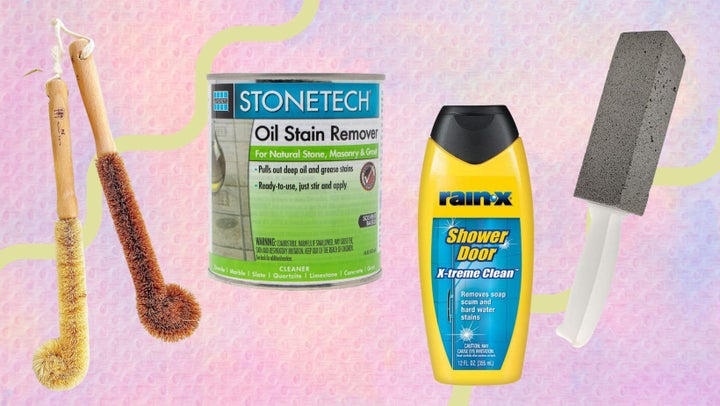 Coconut fiber bottle brushes, an oil stain-remover, a shower door cleaner and pumice stone toilet bowl cleaner.