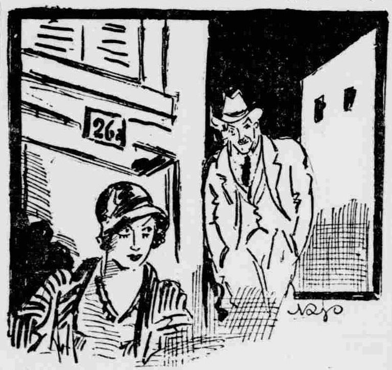 Σκίτσο του Νάγου στην εφημερίδα Ακρόπολις, 1933. Η λεζάντα γράφει «Έξω από το σπίτι της απωλείας, ο ενεδρεύων δια το ξεπετα ρόνι της διαφθοράς νταής, έχει ετοίμην την παγίδα δια το νέον θύμα του».