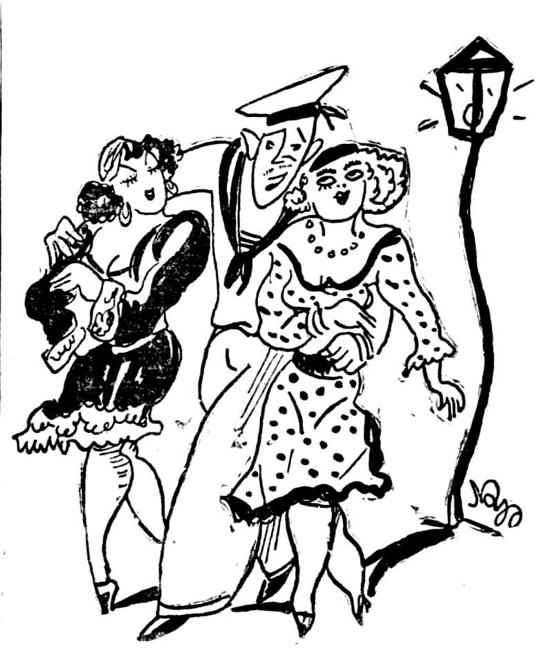 Το σκίτσο του Νάγου, από την εφημερίδα Ακρόπολις 1933, ει- κονογραφούσε ένα άρθρο για τα μπαρ του Πειραιά. Υπήρχαν πολλά μπαρ στον Πειραιά, αλλά όταν έλεγαν «Τα μπαρ», εννοού- σαν αποκλειστικά τα μπαρ της Φιλελλήνων και της Φίλωνος.