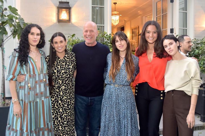 Rumer Willis, Demi Moore, Bruce Willis, Scout Willis, Emma Heming Willis and Tallulah Willis attend Demi Moore's 'Inside Out' Book Party on Sep. 23, 2019, in Los Angeles.