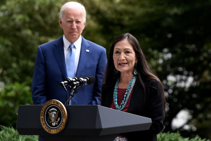 President Joe Biden listens to Interior Secretary Deb Haaland speak before signing a proclamation restoring protections to Bears Ears that were stripped by the Trump administration.