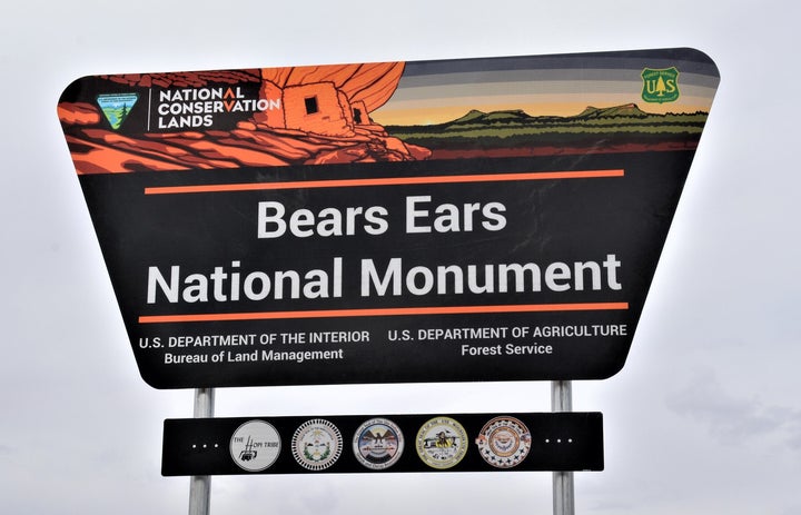 The sign greeting visitors at Bears Ears National Monument bears the logos of the U.S. governmental agencies that manage the land ― and the insignias of each of the five tribal partners.