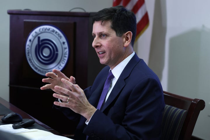 Congressional Budget Office Director Phillip Swagel talks to reporters at the agency's offices in Washington on Wednesday.