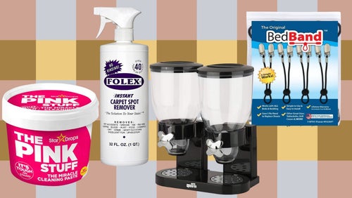 The Pink Stuff multi-purpose cleaning paste, Folex instant carpet spot remover, dry food dispensers and a pack of sheet-securing Bed Bands.