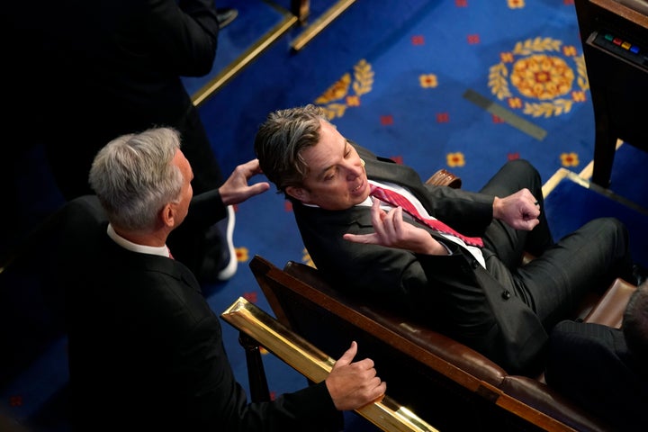 Rep. Kevin McCarthy (R-Calif.) chats with Rep. Andy Ogles (R-Tenn.) on the House floor at the U.S. Capitol on Jan. 5.