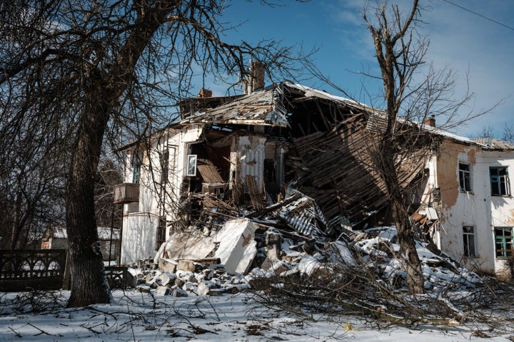 A building destroyed by shelling is covered by snow in Siversk on February 17, 2023, amid the Russian invasion of Ukraine. (Photo by YASUYOSHI CHIBA / AFP) (Photo by YASUYOSHI CHIBA/AFP via Getty Images)