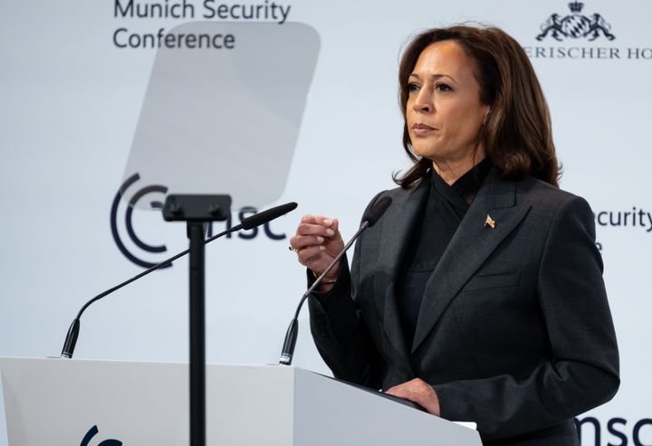 dpatop - 18 February 2023, Bavaria, Munich: Kamala Harris, Vice President of the United States, attends the Security Conference. The 59th Munich Security Conference (MSC) will take place from February 17 to 19, 2023, at the Bayerischer Hof Hotel in Munich. Photo: Sven Hoppe/dpa (Photo by Sven Hoppe/picture alliance via Getty Images)
