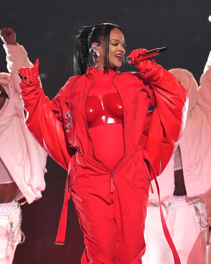 Rihanna performing during the 2023 Super Bowl Halftime Show on February 12, 2023 in Glendale, Arizona.