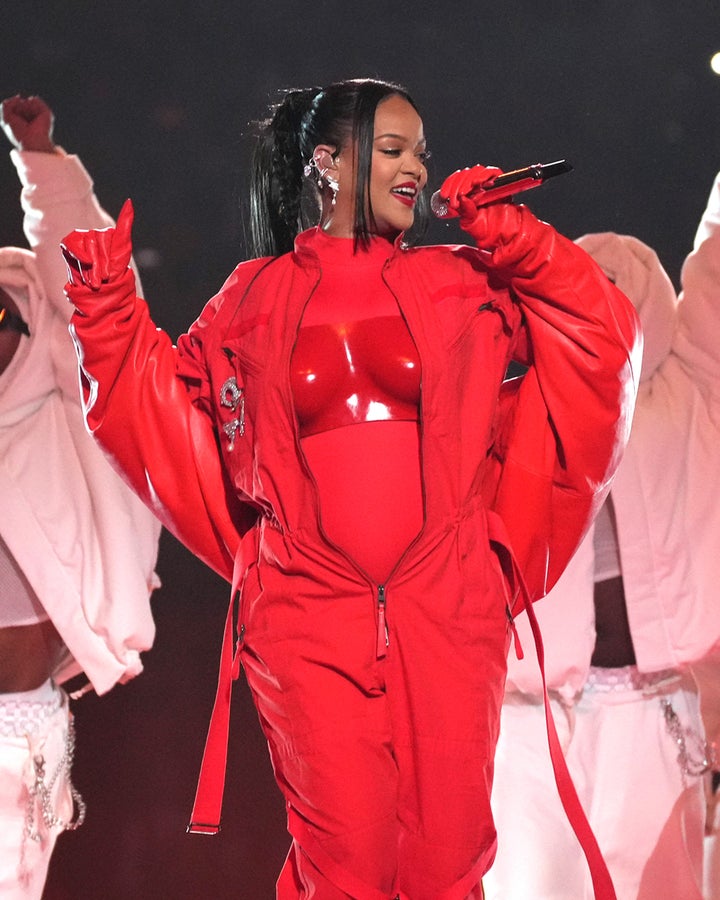 Rihanna performing during the 2023 Super Bowl Halftime Show last week