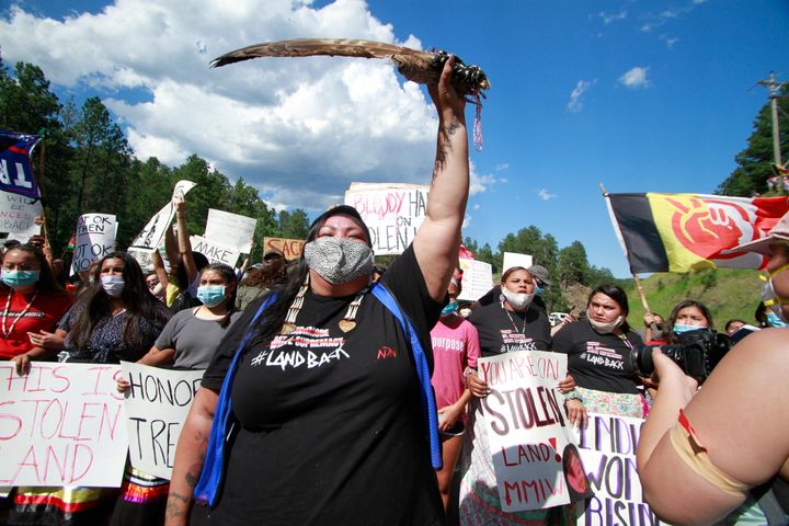 Indigenous rights protestors demonstrate in Keystone, South Dakota ahead of a visit by then-President Donald Trump. They were demanding that the U.S. government give back the Black Hills to the Lakota people.