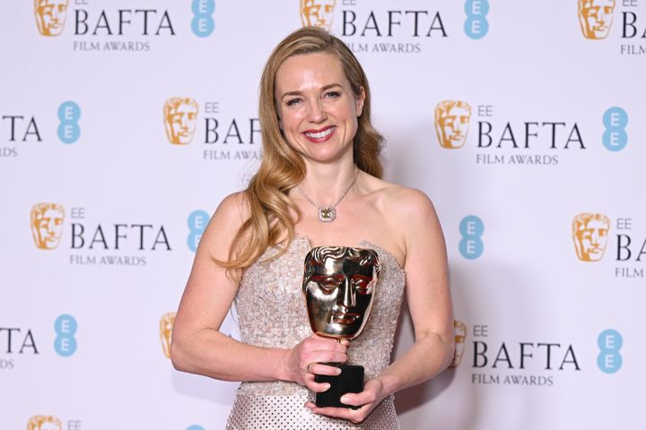 Kerry Condon smiles with the award for Best Supporting Actress at the BAFTA Film Awards at The Royal Festival Hall on Sunday in London.