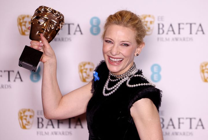Cate Blanchett poses with her award for Best Leading Actress for 'Tar' during the 2023 British Academy of Film and Television Arts (BAFTA) Film Awards at the Royal Festival Hall in London, Britain, February 19, 2023. REUTERS/Henry Nicholls