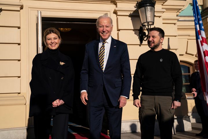 President Joe Biden, center, meets with Ukrainian President Volodymyr Zelenskyy, right, and with Olena Zelenska, left, spouse of President Zelenskyy, at Mariinsky Palace during an unannounced visit in Kyiv, Ukraine, on Feb. 20, 2023. 