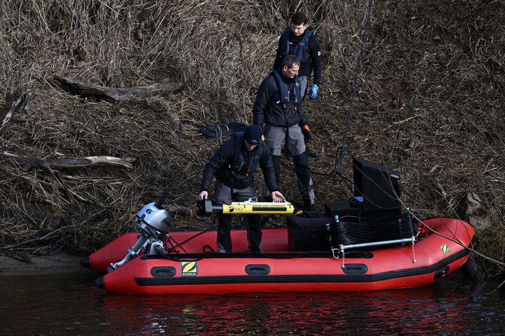 The team from private Specialist Group International (SGI) prepare to scan the bed of the River Wyre on February 6, 2023,