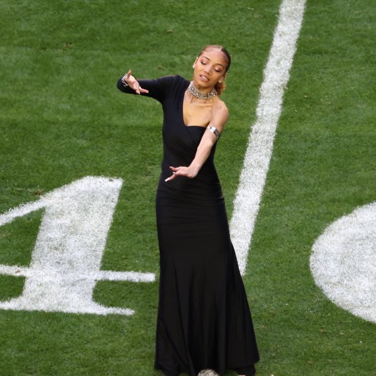 Justina Miles performs "Lift Every Voice and Sing" in American Sign Language prior to the Super Bowl at State Farm Stadium on Feb. 12 in Glendale, Arizona.