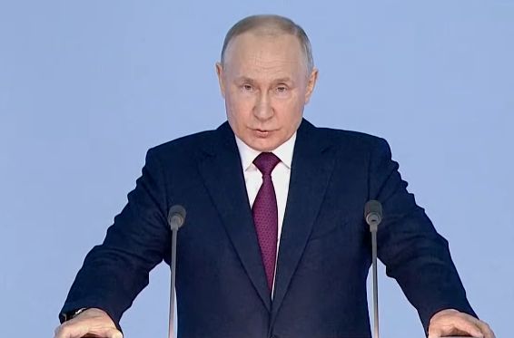 Vladimir Putin speaking from Moscow about the war in Ukraine