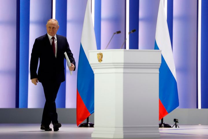 Russian President Vladimir Putin arrives to give his annual state of the nation address in Moscow, Russia, on Feb. 21, 2023. 