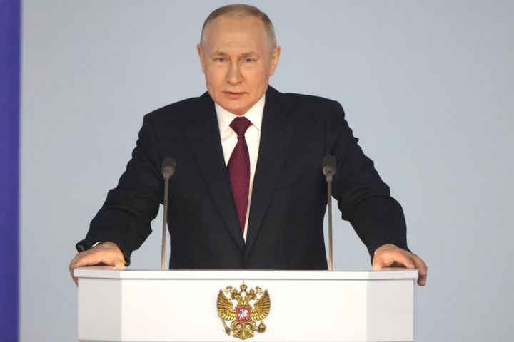 Vladimir Putin speaks during his annual meeting with the Federal Assembly on February 21, 2023, in Moscow, Russia