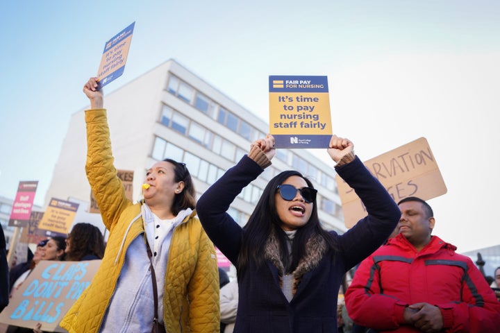 Workers on the picket line outside St Thomas' Hospital in London during a strike by nurses and ambulance staff. Picture date: Monday February 6, 2023.