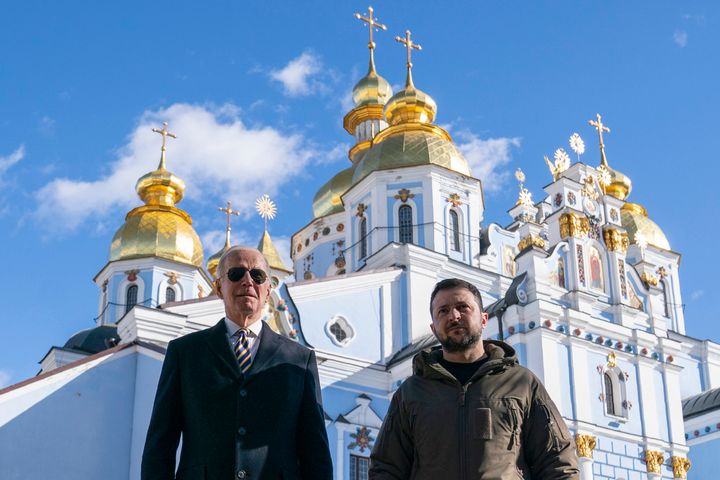 President Joe Biden walks with Ukrainian President Volodymyr Zelenskyy at St. Michael's Golden-Domed Cathedral on a surprise visit in Kyiv.
