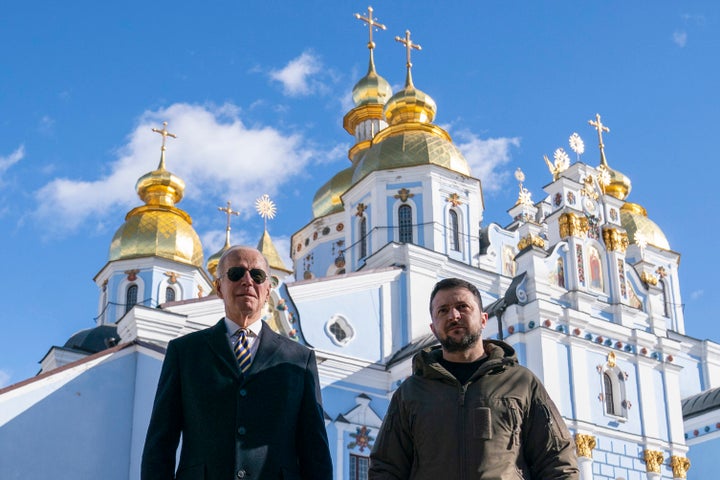 President Joe Biden walks with Ukrainian President Volodymyr Zelenskyy at St. Michael's Golden-Domed Cathedral on a surprise visit in Kyiv.