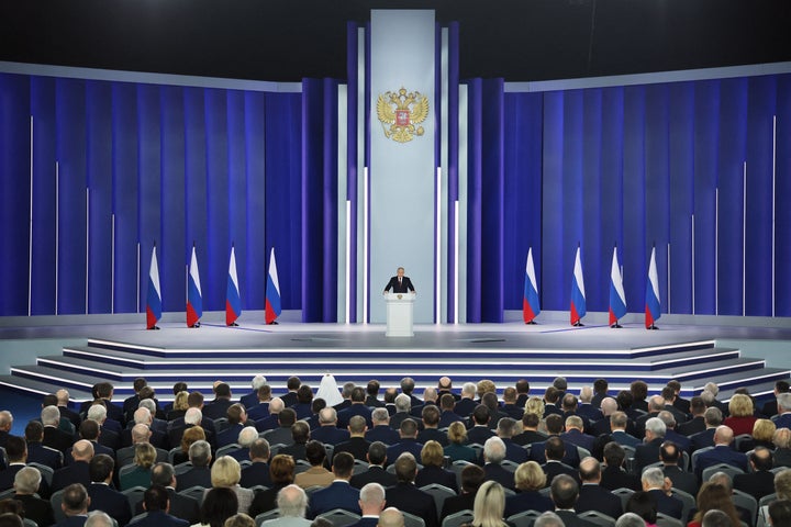 Russian President Vladimir Putin delivers his annual state of the nation address at the Gostiny Dvor conference centre in central Moscow on February 21, 2023