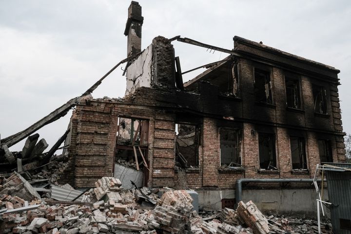 The destroyed school in which Ukrainian officials say 60 people sheltering in a basement died.