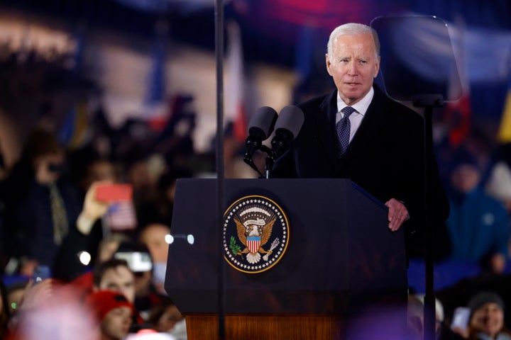 President Joe Biden speaks at the Royal Castle after meeting with Polish President Andrzej Duda in Warsaw, Ukraine, Tuesday, Feb. 21, 2023. (AP Photo/Michal Dyjuk)
