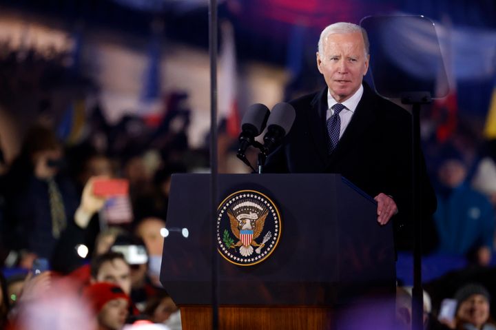 President Joe Biden speaks at the Royal Castle after meeting with Polish President Andrzej Duda in Warsaw, Ukraine, Tuesday, Feb. 21, 2023. (AP Photo/Michal Dyjuk)