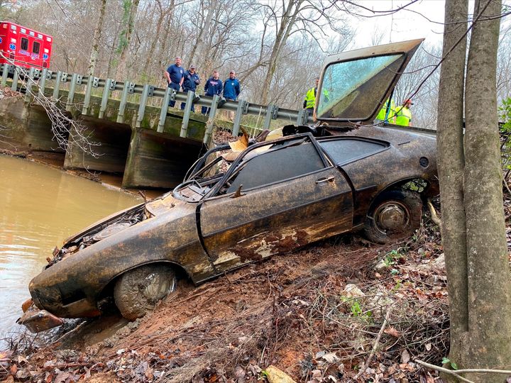 The 1974 Ford Pinto that Kyle Clinkscales was driving when he disappeared in 1976 is seen after being pulled from a creek in Alabama.