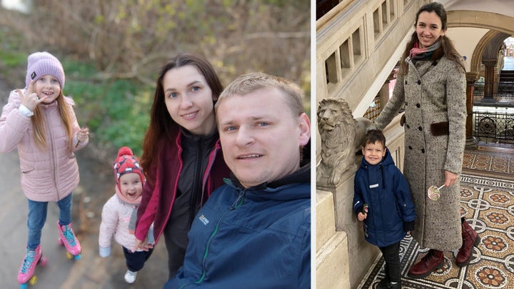 Yuriy Symanchuk with his family and Lesia Ditkivska with her son