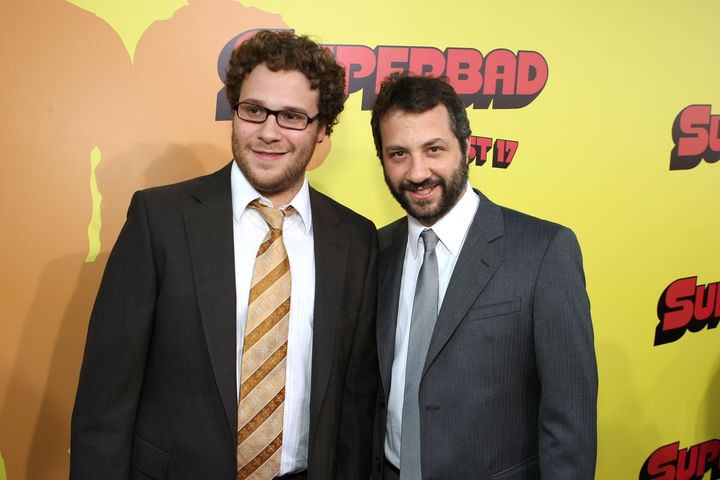 Seth Rogen (left) and producer Judd Apatow at the 2007 premiere of "Superbad." 