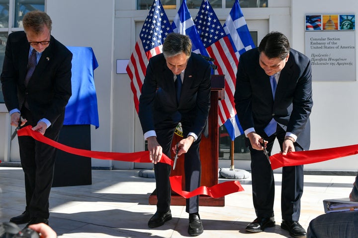 US Secretary of State Antony Blinken (C) inaugurates a new wing of the US embassy in Athens, on February 21, 2023. - Antony Blinken is on a two-day trip in Athens, following a trip to Turkey, for discussions on US-Greece Strategic Dialogue. (Photo by Michael Varaklas / POOL / AFP) (Photo by MICHAEL VARAKLAS/POOL/AFP via Getty Images)